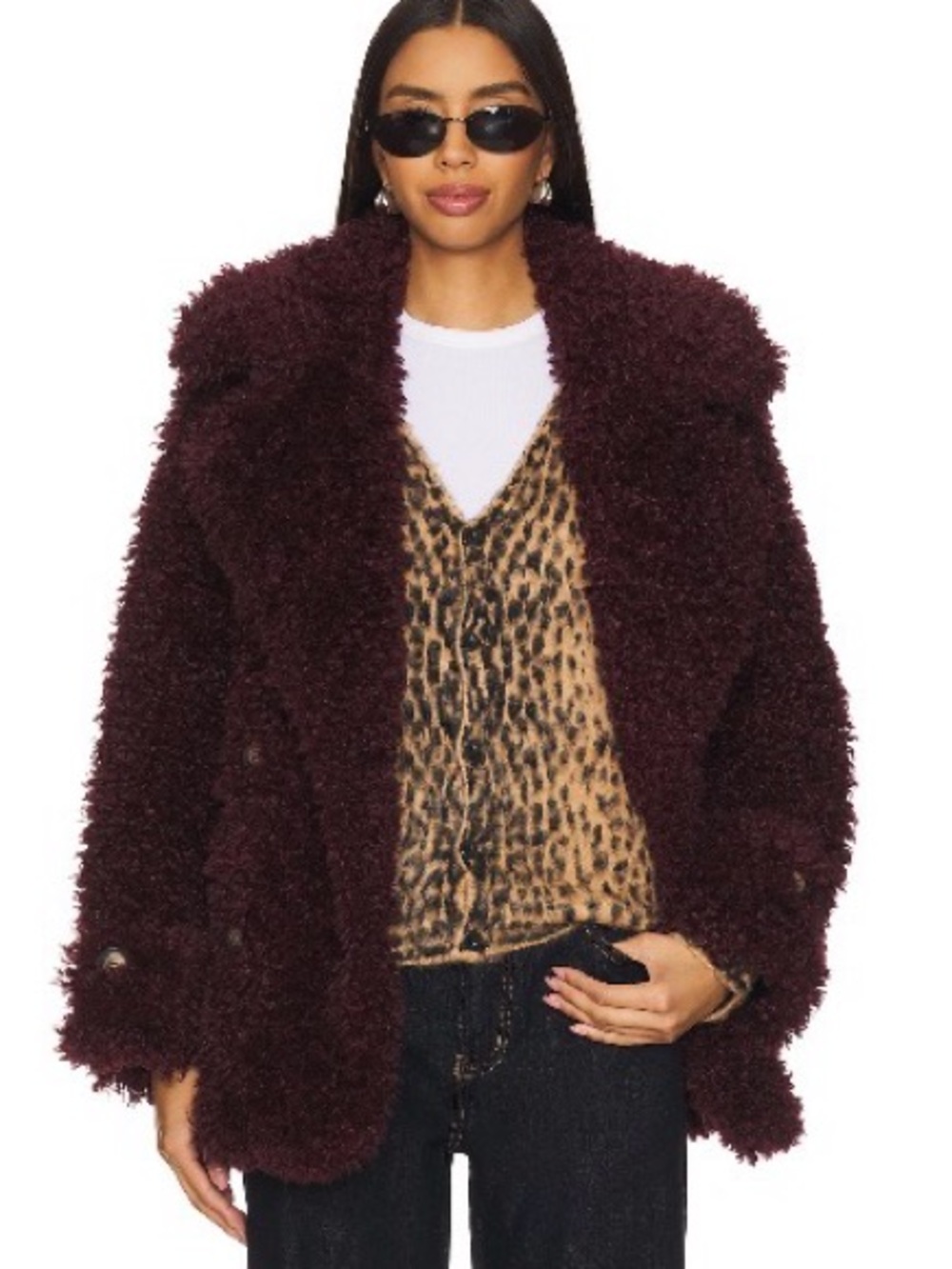 Free People Burgundy Teddy Coat with Plush Texture